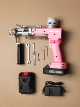 Cordless tufting gun with threader, cutter head, and rechargeable battery accessories for dual cut and loop pile rug making