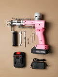 Cordless tufting gun with threader, cutter head, and rechargeable battery accessories for dual cut and loop pile rug making