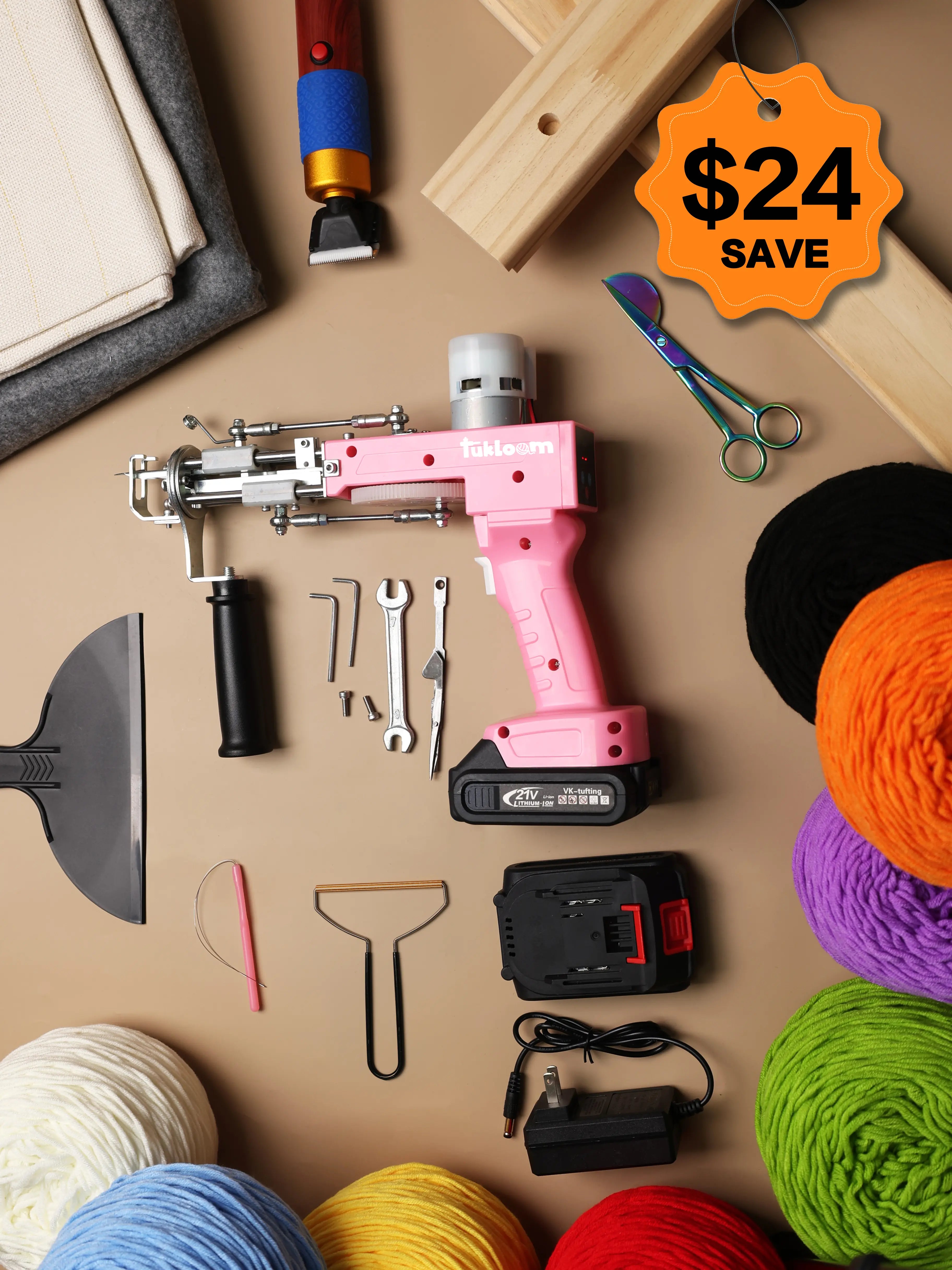 Full cordless tufting kit including wireless gun, frame, fabrics, electric trimmer, and yarn cones for rug making