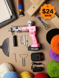 Full cordless tufting kit including wireless gun, frame, fabrics, electric trimmer, and yarn cones for rug making