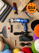 Complete AK-V tufting kit with gun, frame, dual backing fabrics, electric trimmer, scissors, and yarn cones for professional rug studios