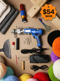 Complete AK-V tufting kit with gun, frame, dual backing fabrics, electric trimmer, scissors, and yarn cones for professional rug studios