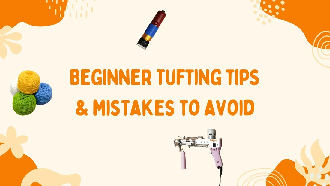 Cover image featuring a tufting gun and tufting yarn, symbolizing beginner rug tufting tips, tricks, and common mistakes to avoid.