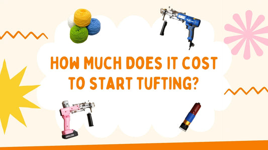 Flat lay of essential tufting tools including a tufting gun, backing cloth, yarn, and a wooden frame, representing the full cost to start tufting for beginners and small businesses.