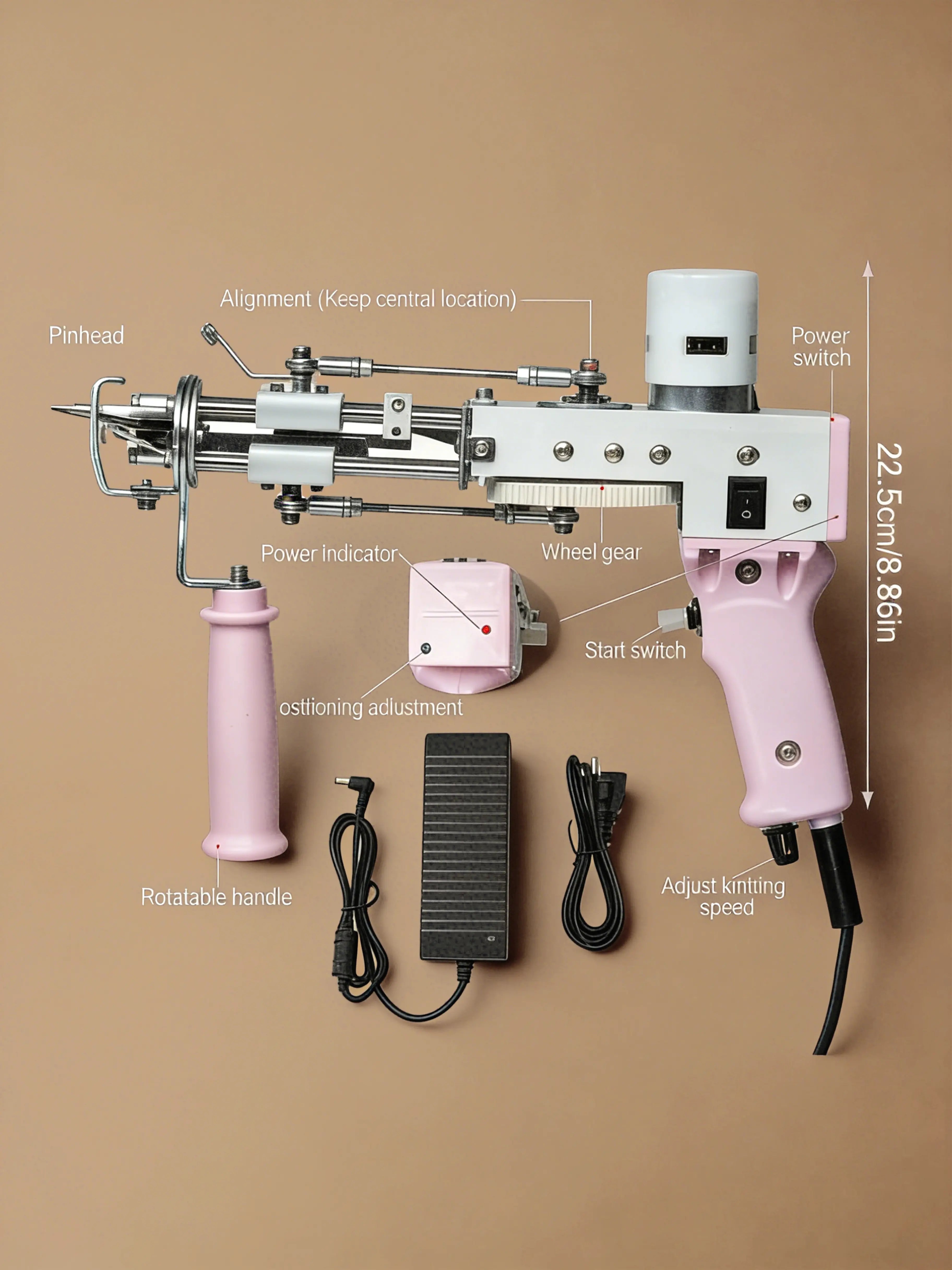 Technical size diagram of the AK-1 tufting gun showing length, height, handle dimensions, needle area, trigger placement, and overall structure layout for beginners to understand tool proportions.