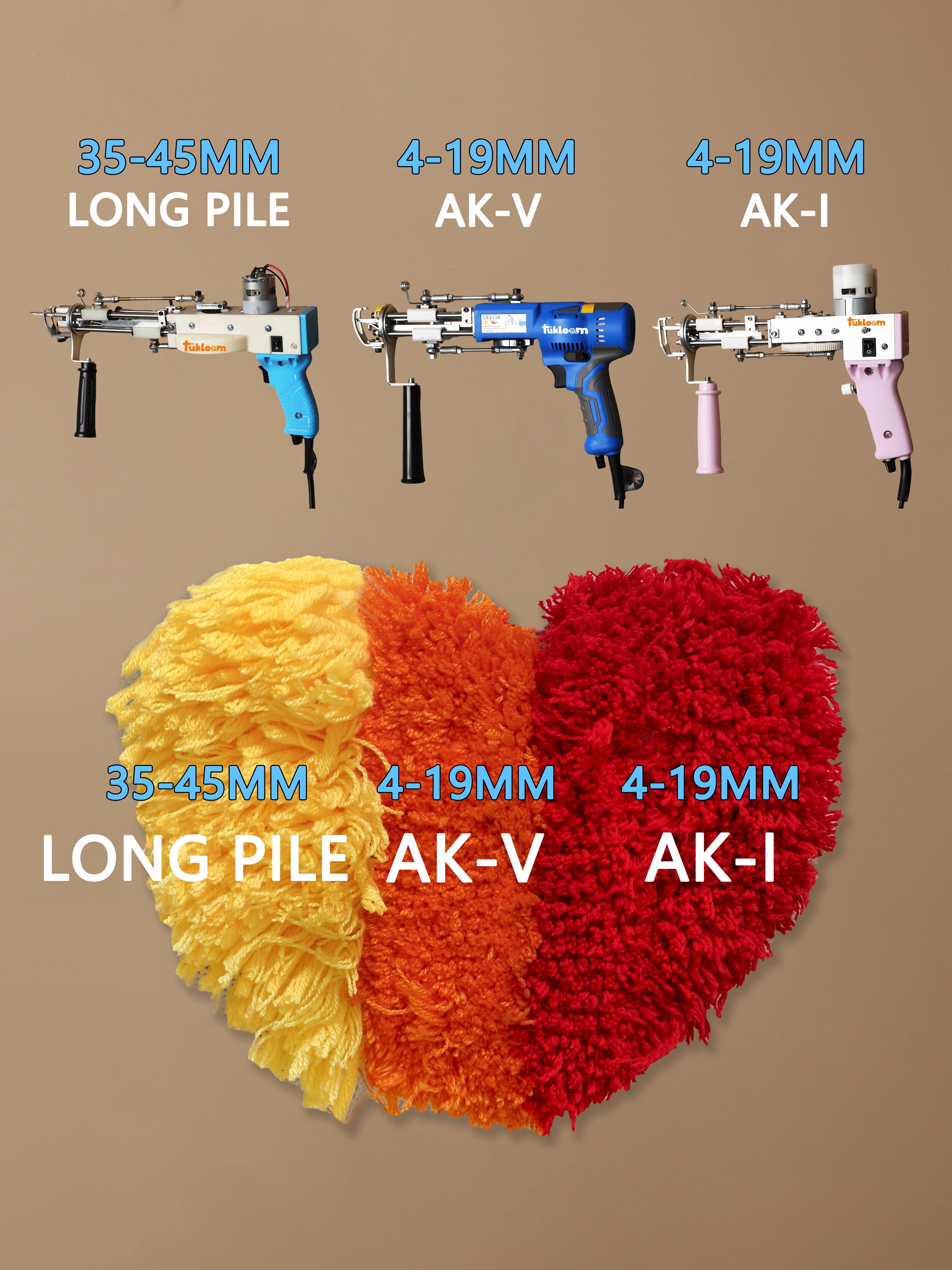 Three-way comparison of AK-1, AK-V, and Long Pile tufting results, highlighting differences in pile height, thickness, and fiber density.