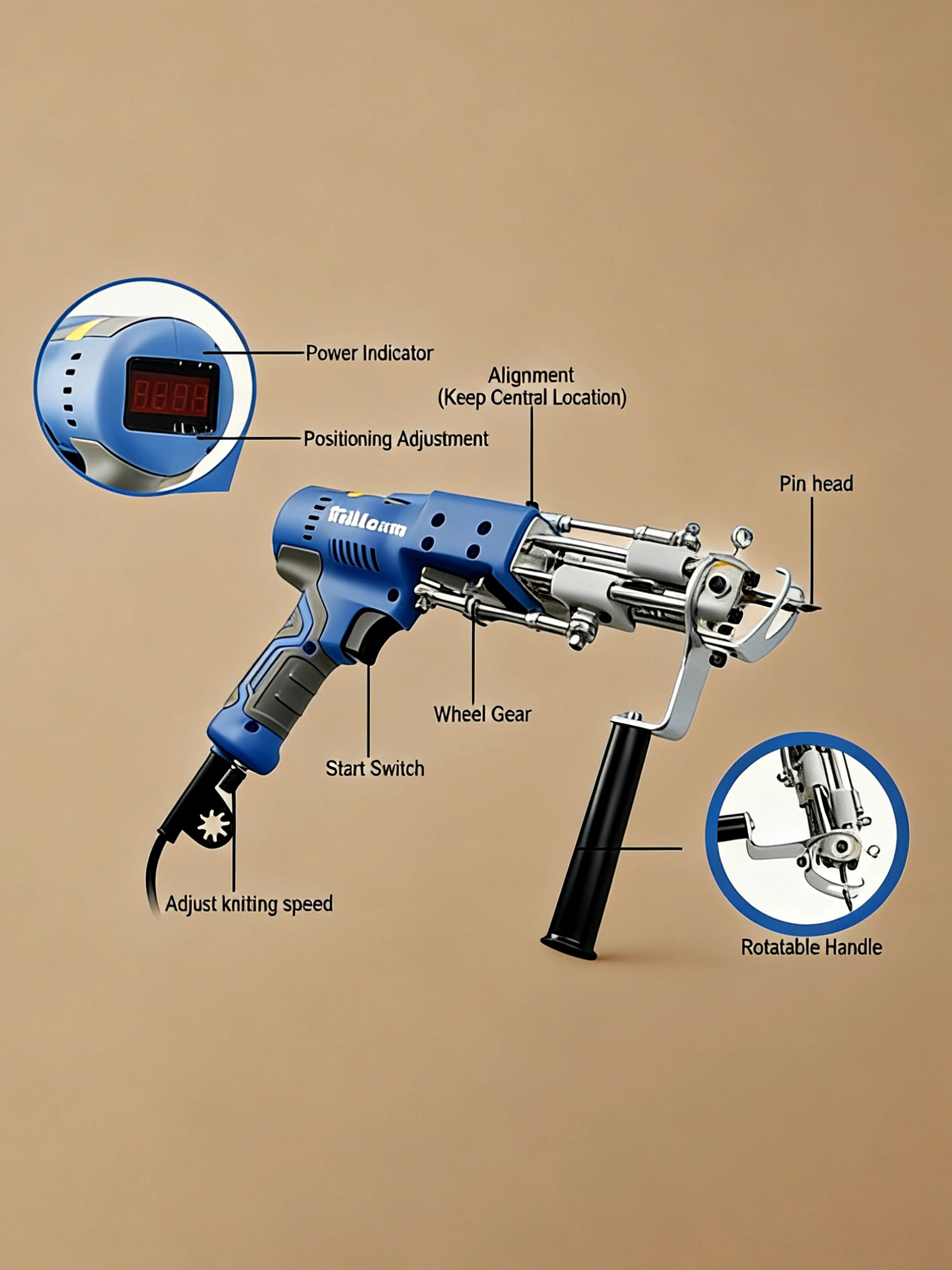 Close-up technical detail diagram of the AK-V tufting gun, showing upgraded dual-mode cut-and-loop mechanism, needle structure, handle design, trigger placement, and overall component layout for precise tufting.