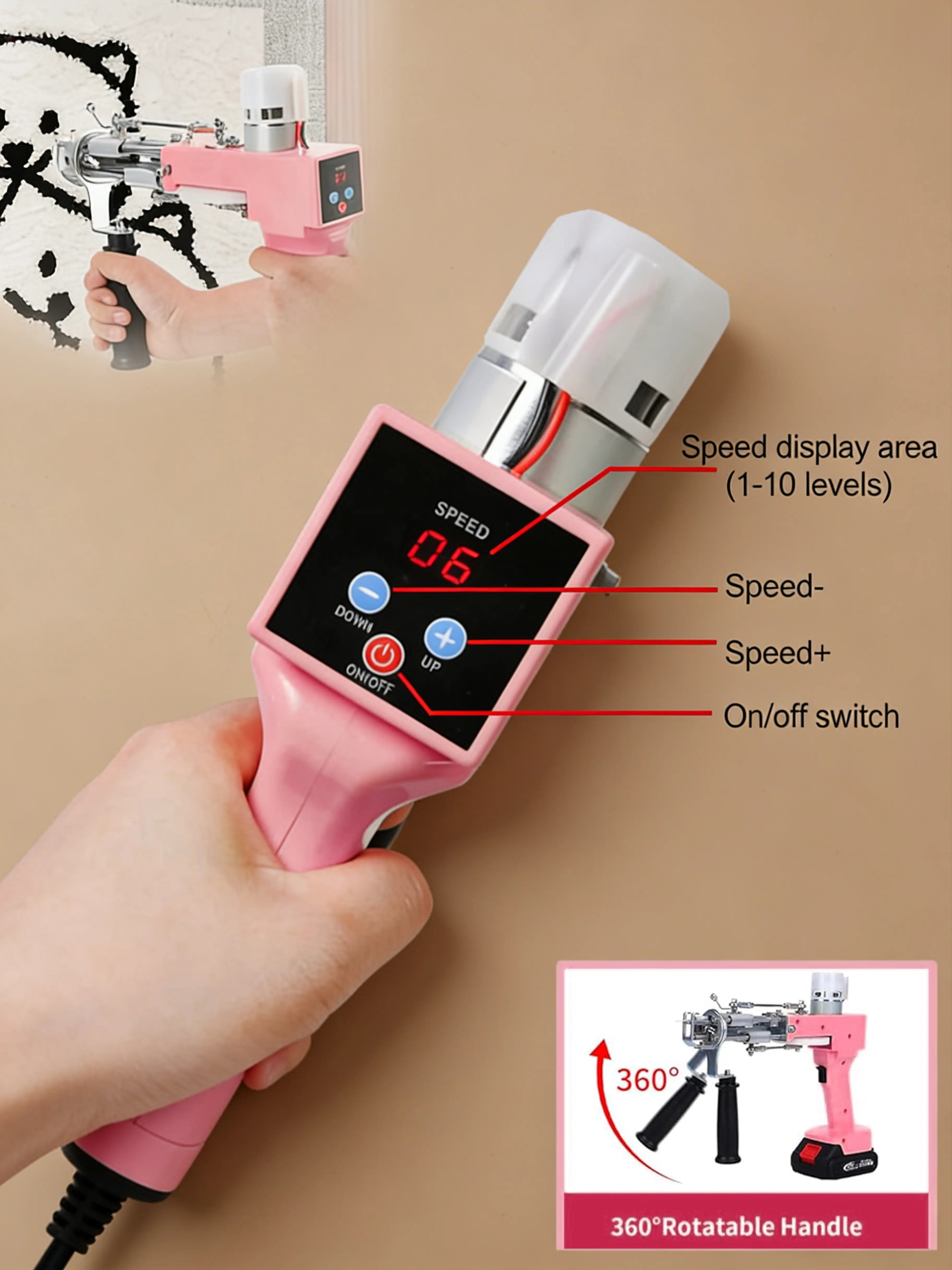 Close-up detail view of the cordless tufting gun showing the wireless motor housing, trigger area, handle design, needle mechanism, and internal components that support battery-powered tufting.