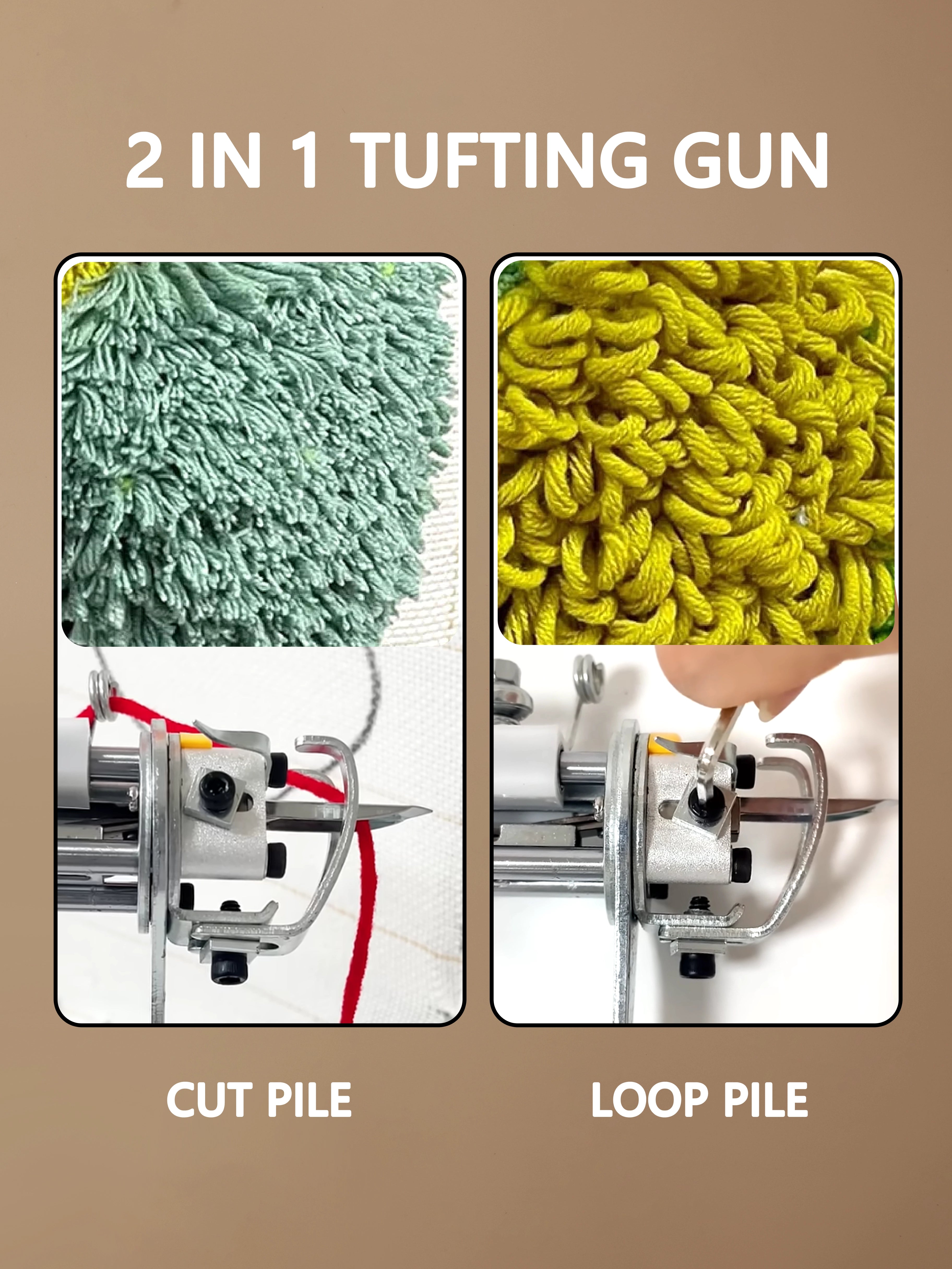 Side-by-side comparison of cut pile and loop pile tufting results, showing the difference in texture, height, softness, and visual depth.