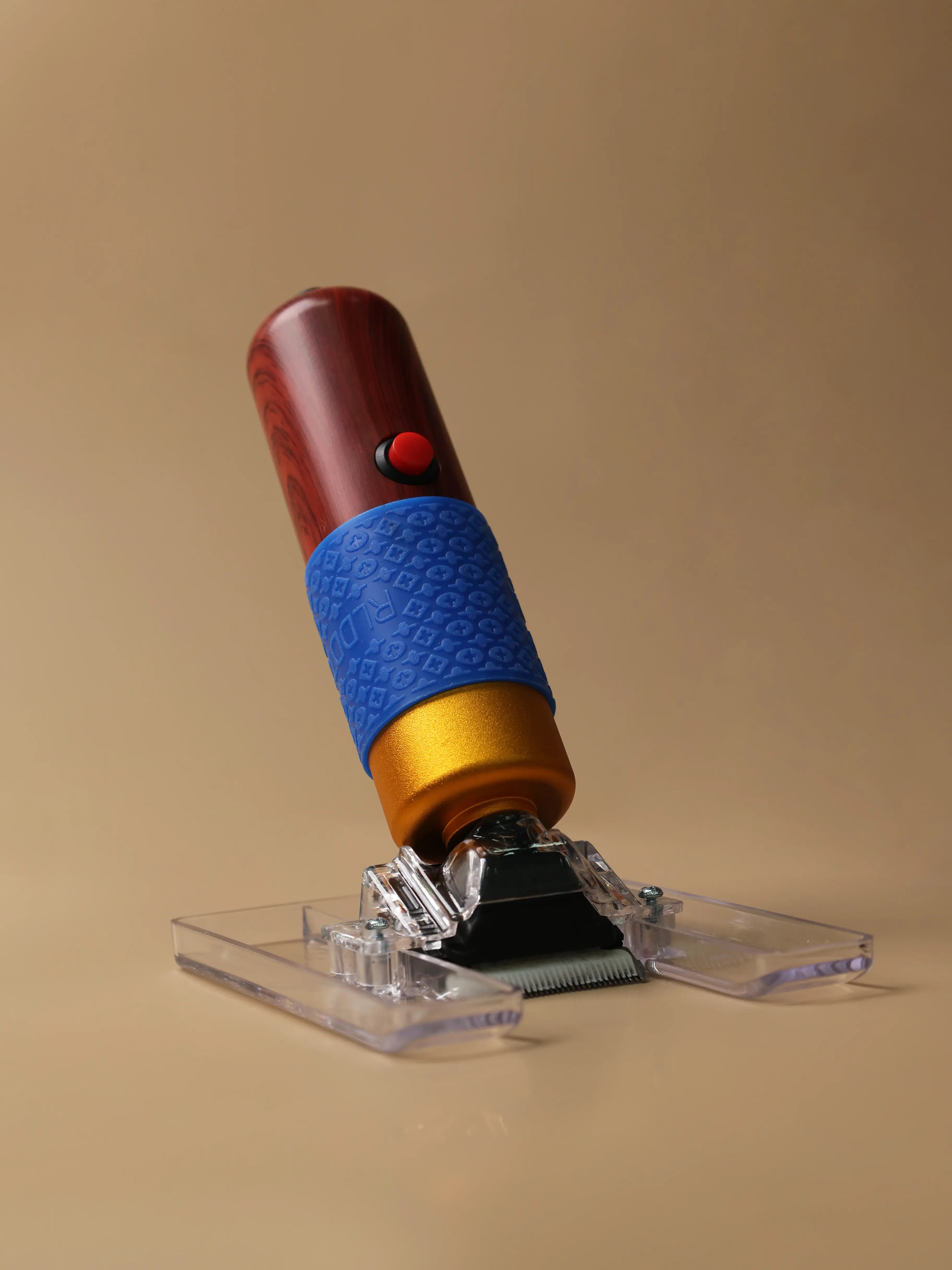 Side-angle view of an electric rug trimmer highlighting its ergonomic handle and adjustable blade design for precise rug trimming.