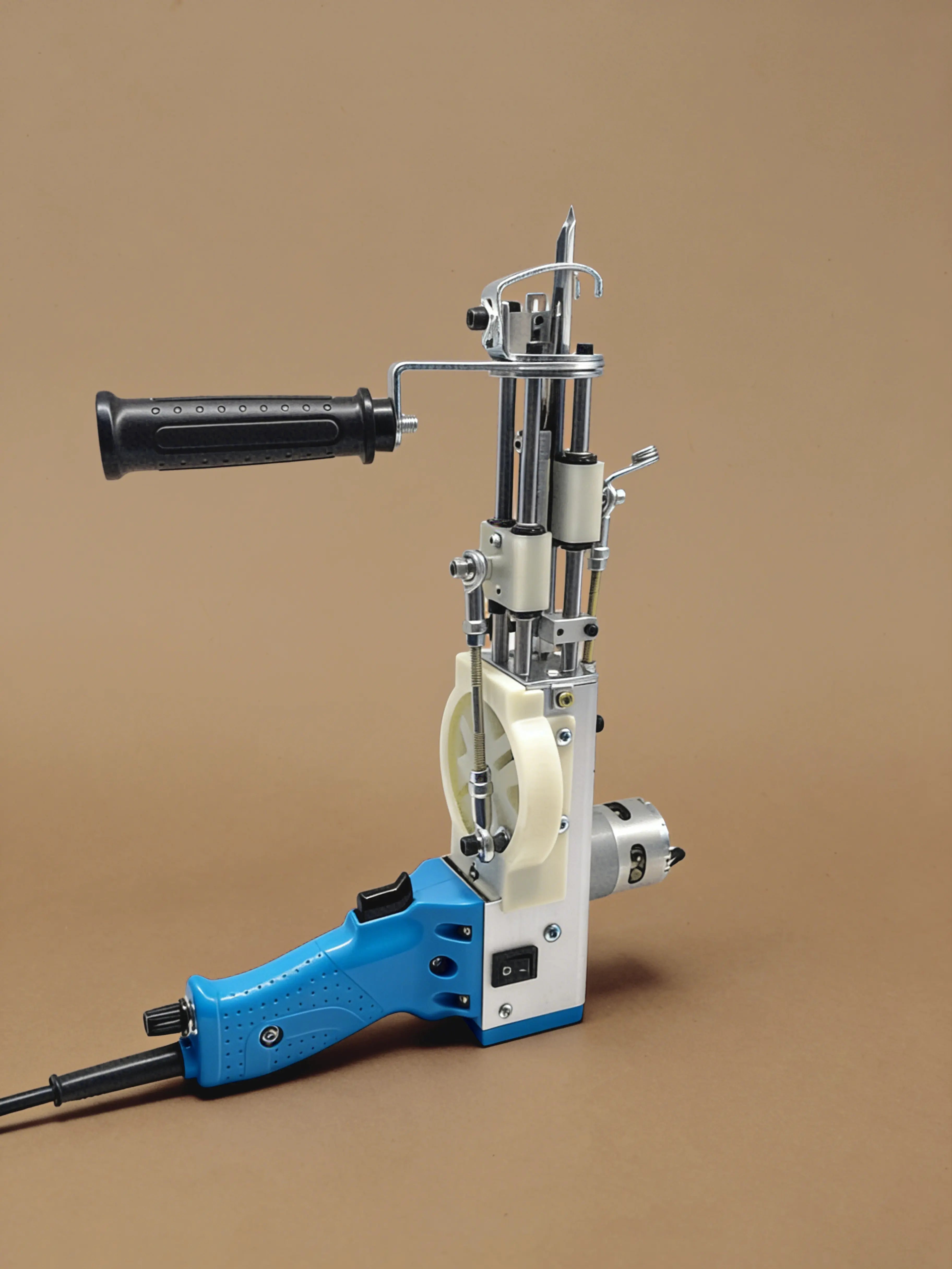 Side view of a long pile tufting gun showing the extended-pile needle system, motor housing, handle design, trigger placement, and overall side-profile structure for creating high-pile tufted rugs.
