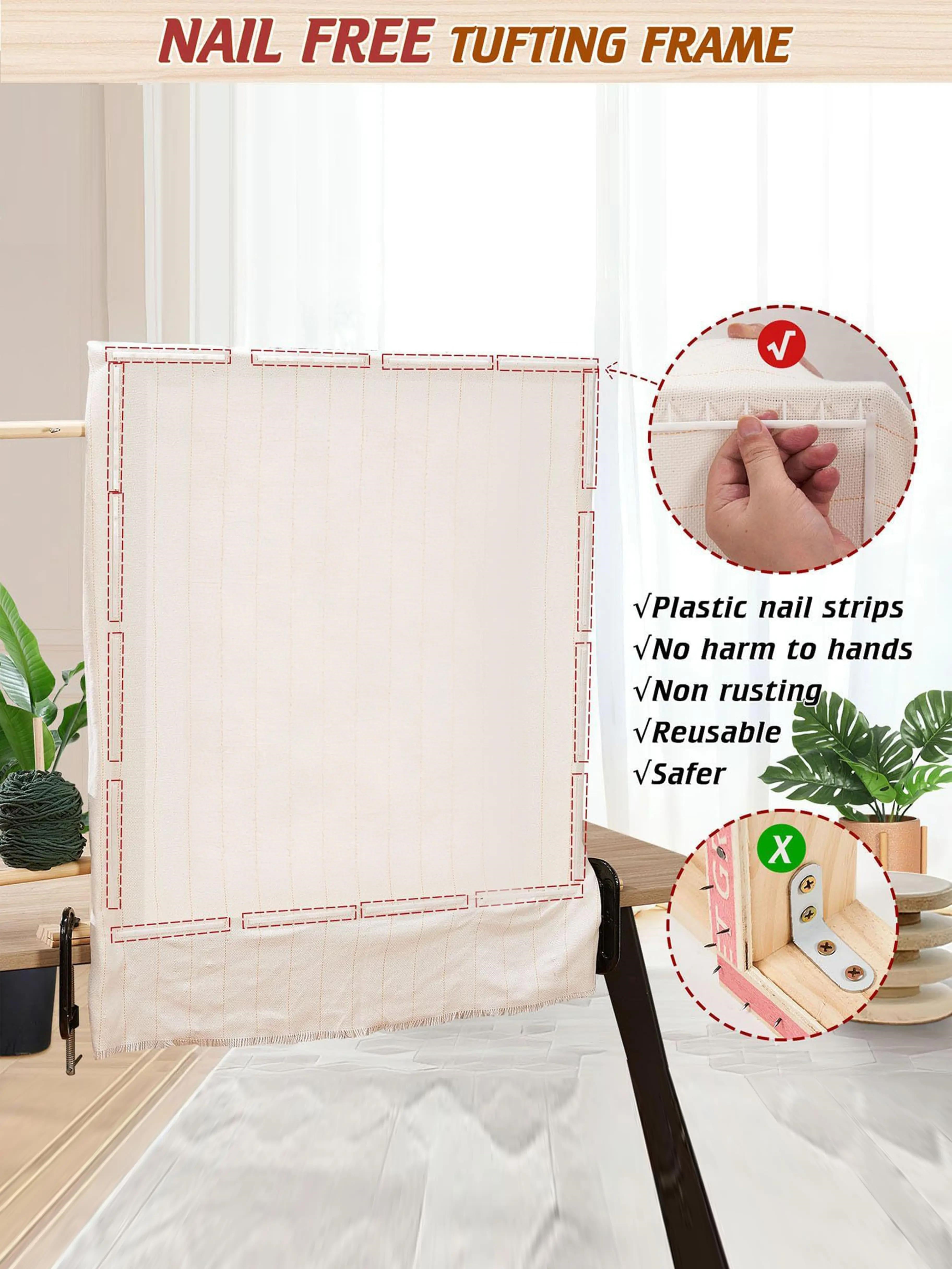 Close-up of slot-based edge system with plastic gripper strips securing tufting cloth without exposed nails