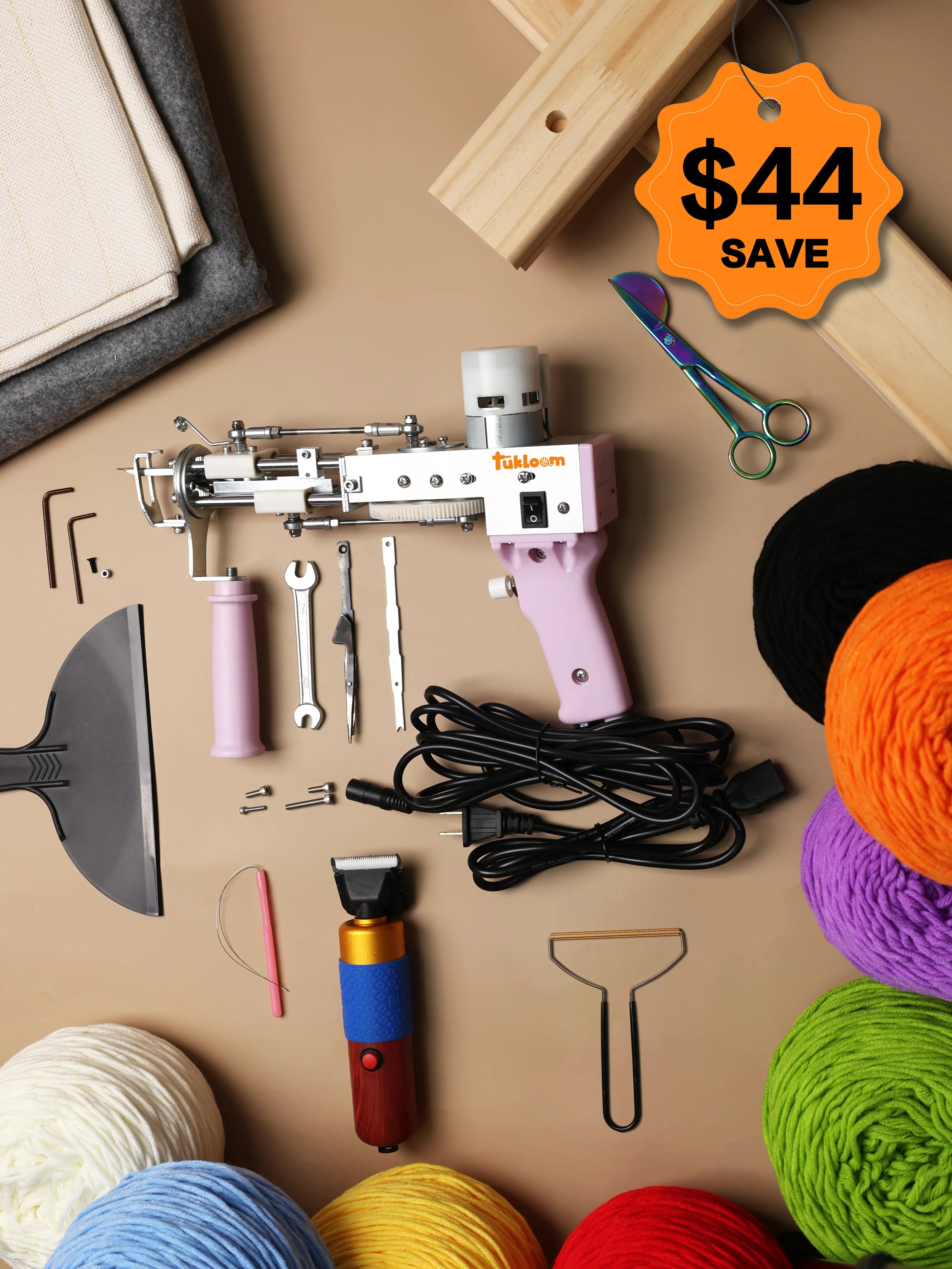 Full AK-1 Tufting Starter Basic Kit including gun, large frame, fabric, trimmer, and yarn cones for rug making