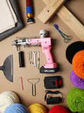 Full cordless tufting kit including wireless gun, frame, fabrics, electric trimmer, and yarn cones for rug making