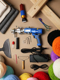 Complete AK-V tufting kit with gun, frame, dual backing fabrics, electric trimmer, scissors, and yarn cones for professional rug studios
