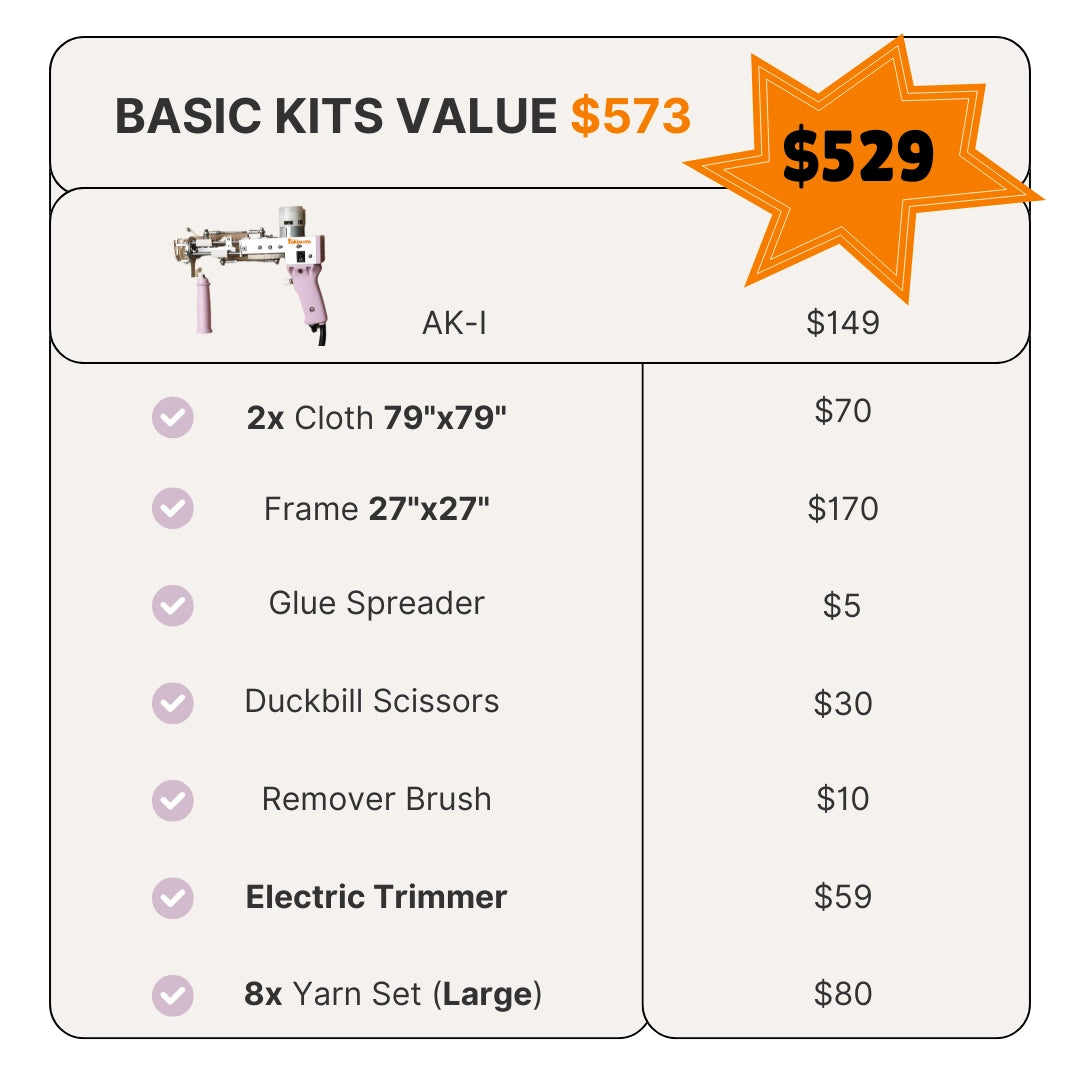 Tufting Starter Basic Kit price comparison graphic showing original total value of $573 versus current discounted price of $529, highlighting savings for beginners.