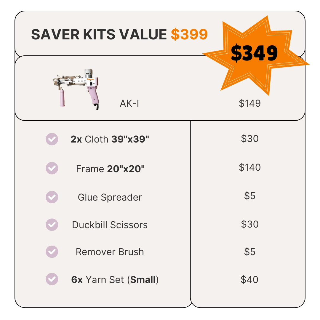 Tufting Starter Saver Kit price comparison graphic showing original total value of $399 versus current discounted price of $349, highlighting savings for beginners.